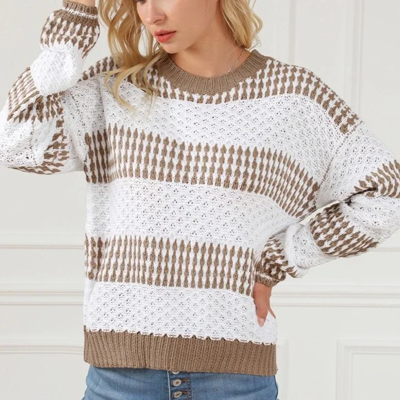 B108 Multicolor Vertical Stripes Two Tones Drop Shoulder Sweater - Picture 3 of 3